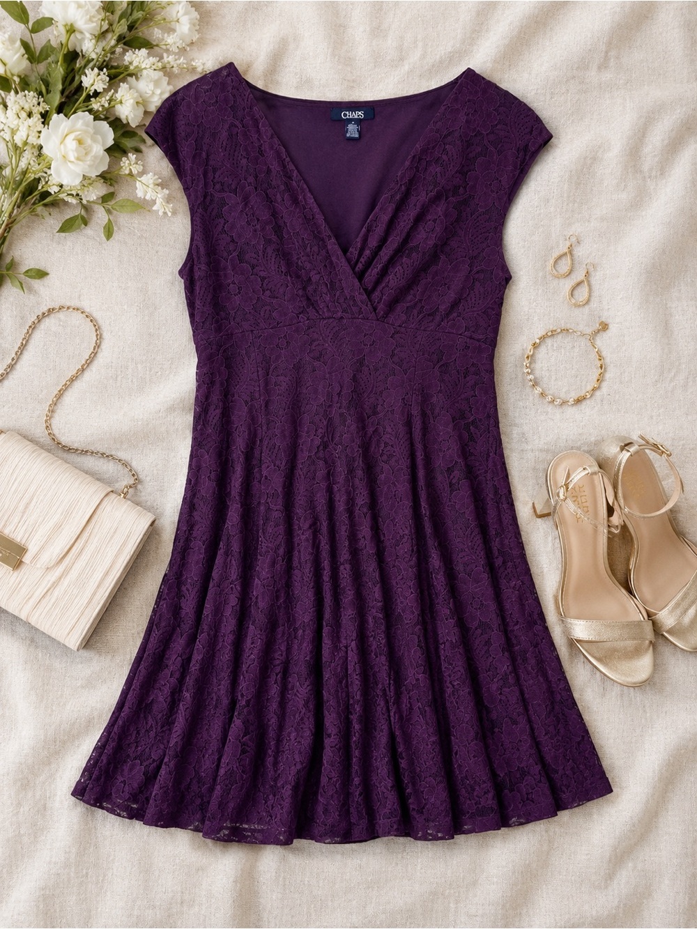 Chaps Purple Lace Midi Dress NWT Size 14 Petite Wedding Guest Cocktail Dress